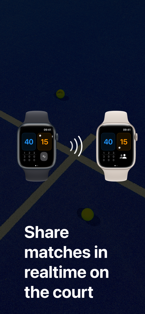 Deux Apple Watches affichant le partage de score de match de padel en temps réel sur un court