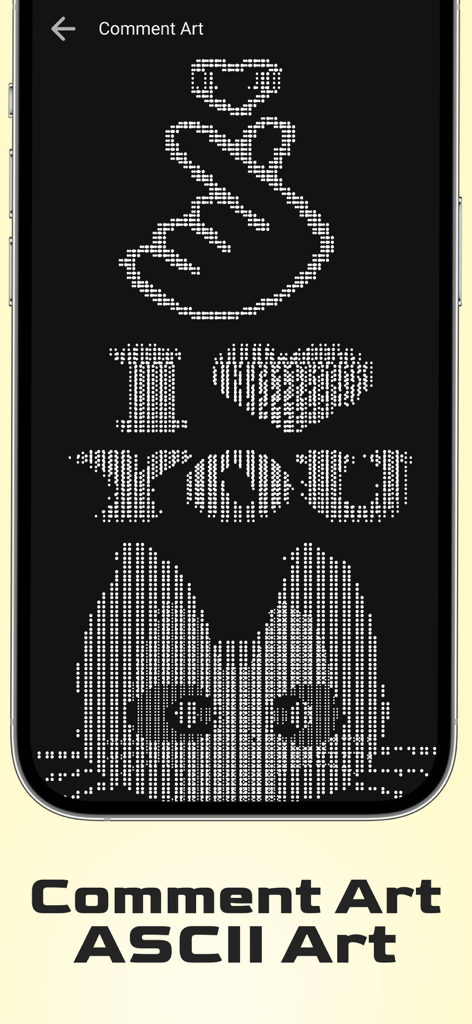 Nickname Generator: Fancy Text - A mobile screen showing various ASCII art designs like a finger heart a cat face and I love you text for social media comments
