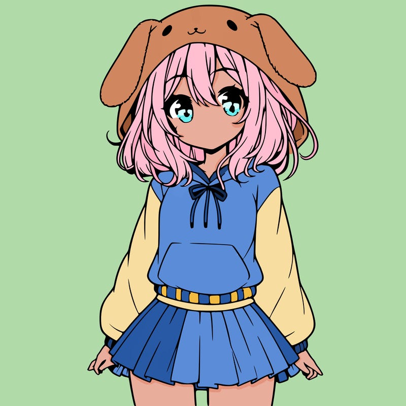 pretty anime girl wearing a fluffy hoodie with bunny ears on the hood and a skirt