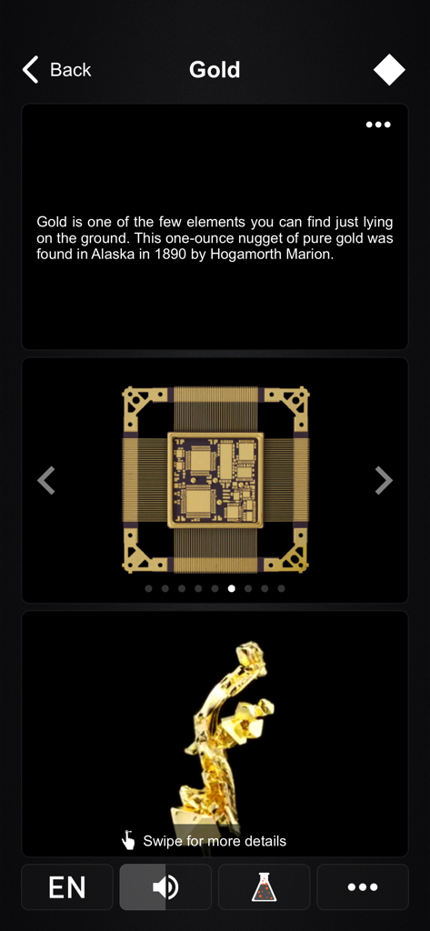 Periodic Table PRO - Detailed view of the element Gold in the Periodic Table PRO app showing information and images of gold in technology and its crystal form