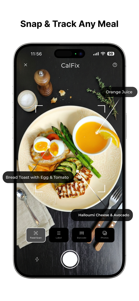 CalFix – AI Calorie Tracker - AI-powered meal scanner identifying food items on a plate for nutrition tracking