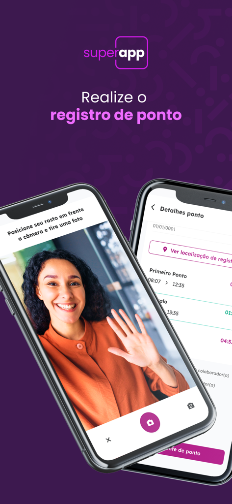 Sólides app interface showing a woman using facial recognition to clock in and a screen with detailed attendance logs