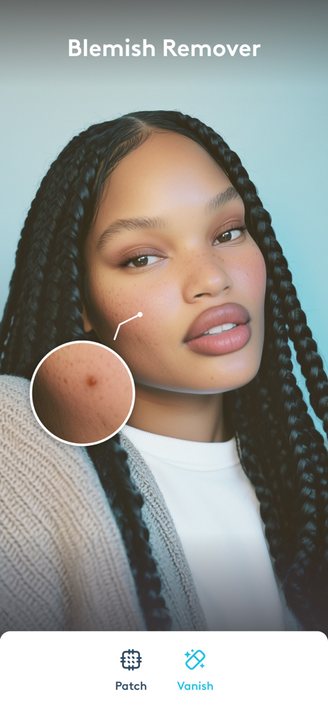 Screenshot of Facetune app blemish remover tool being used on a portrait