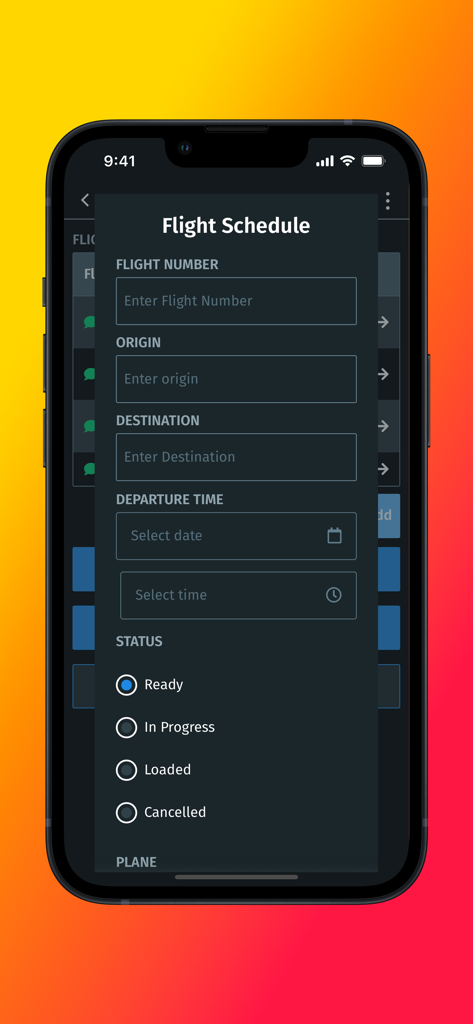 JourneyApps Container - Flight schedule form in JourneyApps Container displaying flight details and status options