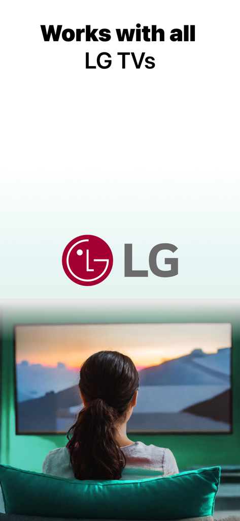 Woman watching a landscape video on an LG Smart TV with text saying Works with all LG TVs