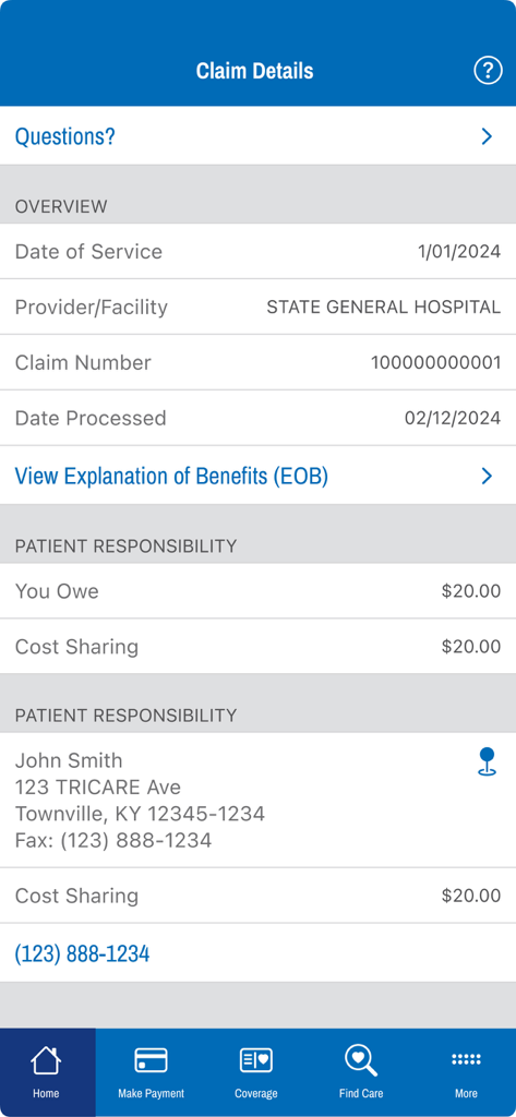 Screen showing medical claim details and patient responsibility in the TRICARE East app