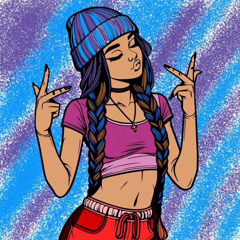 realistic teenage girl with braids and a beanie and crop top doing 🫶🏼