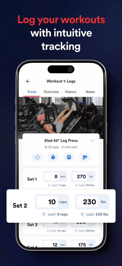 Caliber app workout tracking interface showing reps and weight for a leg press exercise