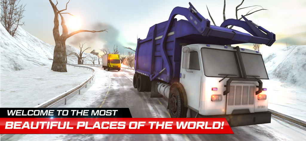 Cargo Dump Truck Driving Pro - A blue dump truck driving on a snowy mountain road in a truck driving simulation game.