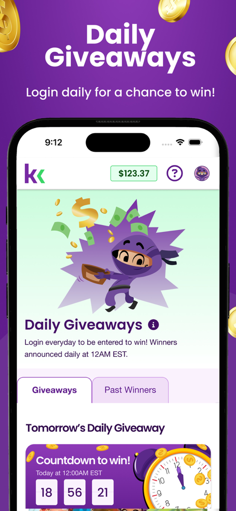 KashKick app interface showing daily cash giveaway rewards and a countdown timer
