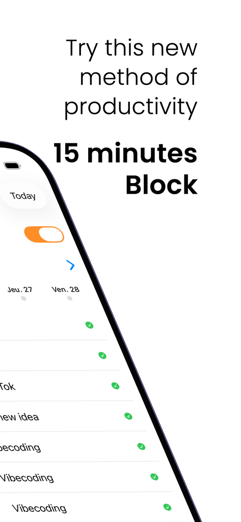 Une interface d'application mobile présentant le blocage de temps de 15 minutes pour le suivi de la productivité