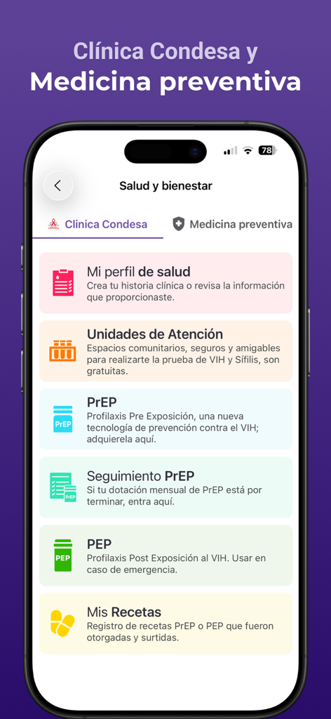 Mobile screen of App CDMX showing health and wellness services including Clinica Condesa medical resources