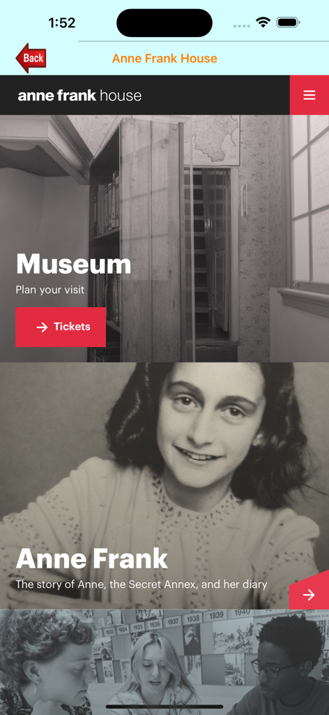 암스테르담 앱의 안네 프랑크 하우스 박물관 페이지, 티켓 정보 및 역사적 세부 정보 포함