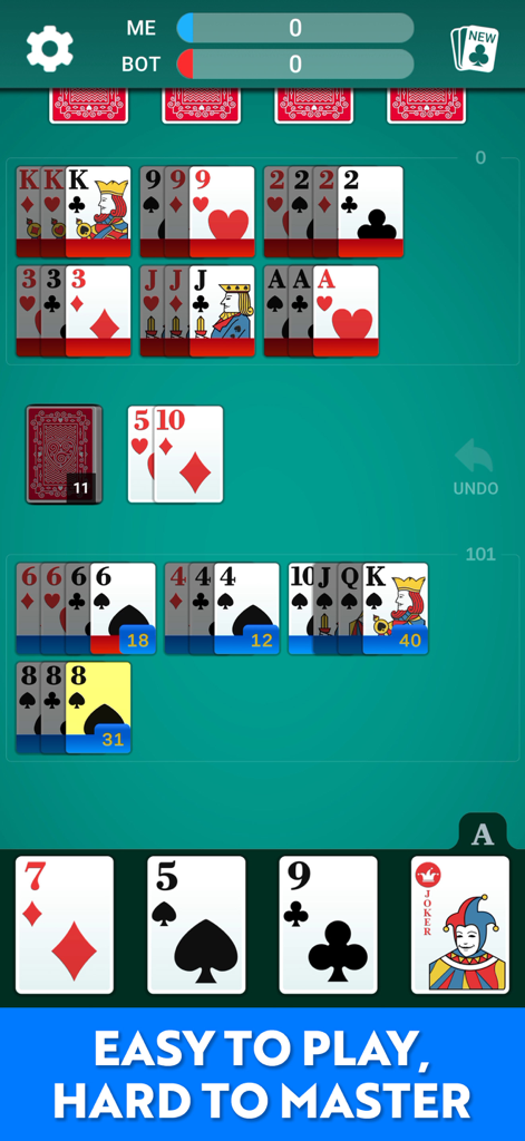 Gameplay do jogo de cartas Rummy 500 mostrando cartas grandes e legíveis e melds em uma mesa digital verde.