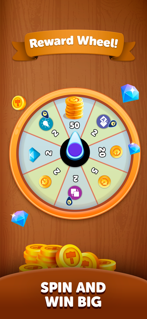 A colorful reward wheel in the Arrow Crosswords game showing prizes like coins and gems with a spin and win big call to action