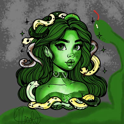 realistic girl with snakes as hair