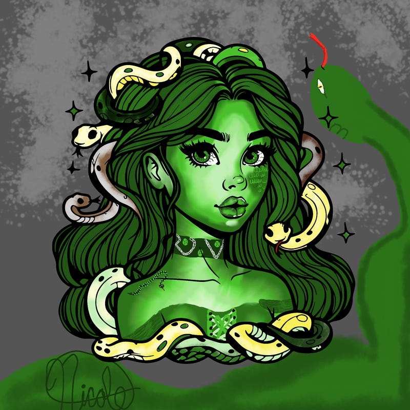 realistic girl with snakes as hair