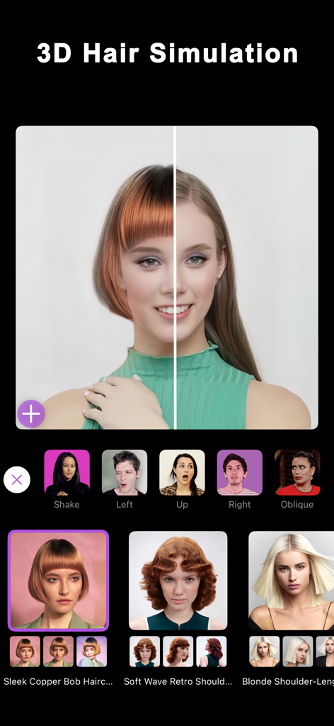 PingHair: AI Hairstyle Changer - Interfaz de la aplicación PingHair que muestra una simulación de peinado 3D con IA con una prueba virtual de corte de pelo bob