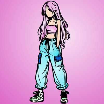 girl in baggy pants crop top and long hair