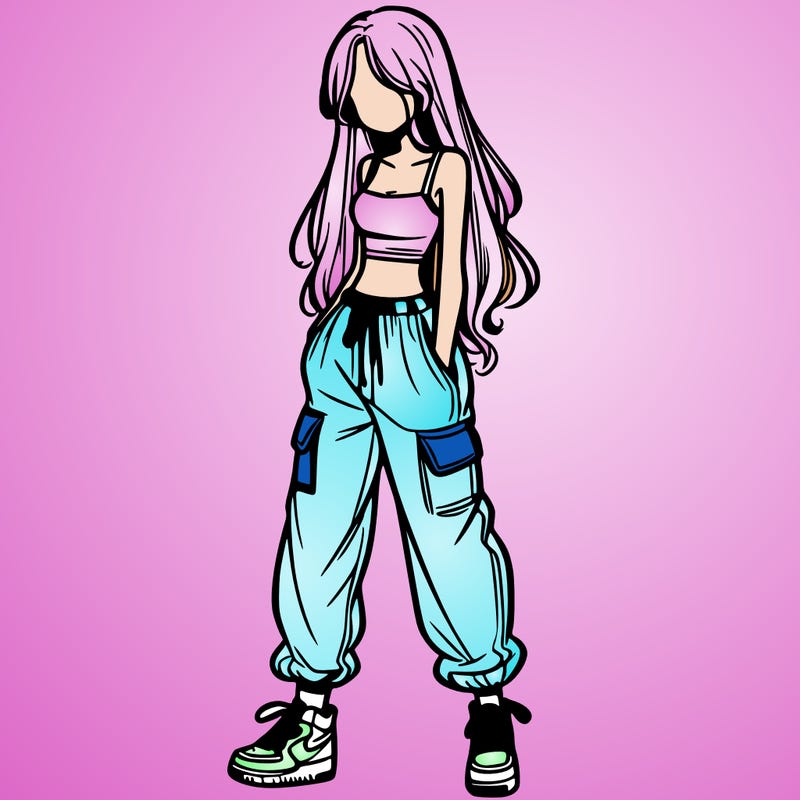 girl in baggy pants crop top and long hair
