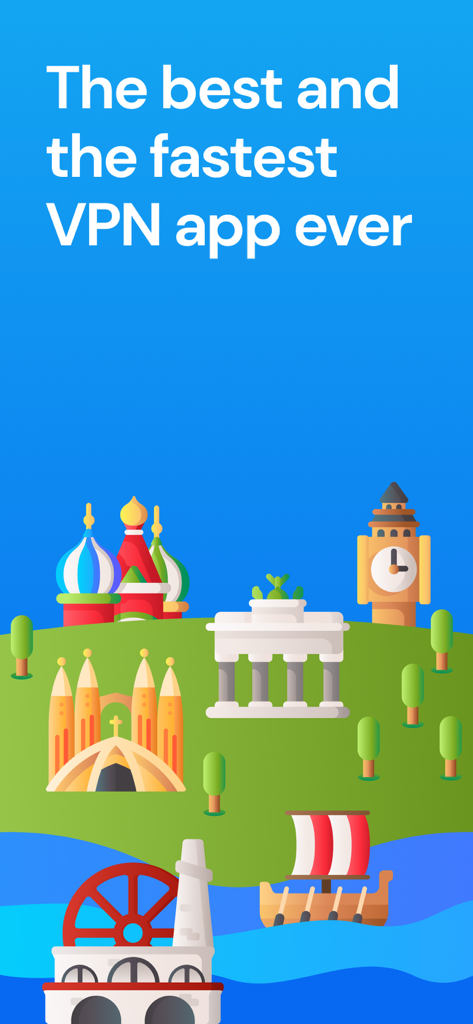 Aloha VPN - Graphic illustration of world landmarks representing Aloha VPN global server locations and its claim as the fastest VPN app
