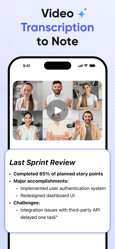 AI Notebook & Voice Memo - A smartphone screen showing an AI app transcribing a video conference into a structured sprint review meeting note.