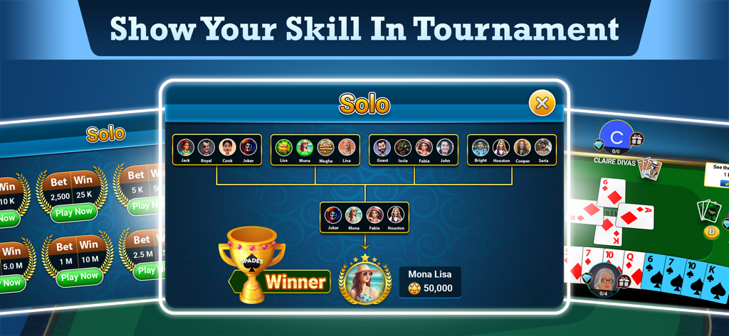 Spades King: Classic Card Game - Tournament bracket screen in Spades King showing the solo mode winner with a trophy and gold coins.