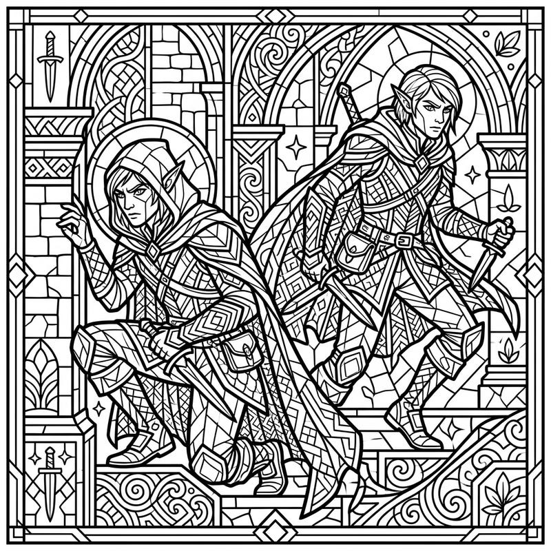 Step into a realm of fantasy with this stunning coloring page featuring two dynamic Elven Rogues rendered in a mesmerizing stained glass style. Perfect for fantasy lovers, this intricate design promises hours of creative enjoyment.