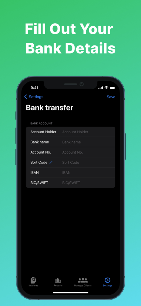 Interface for entering bank transfer information in the Simple Invoice Maker to Go app