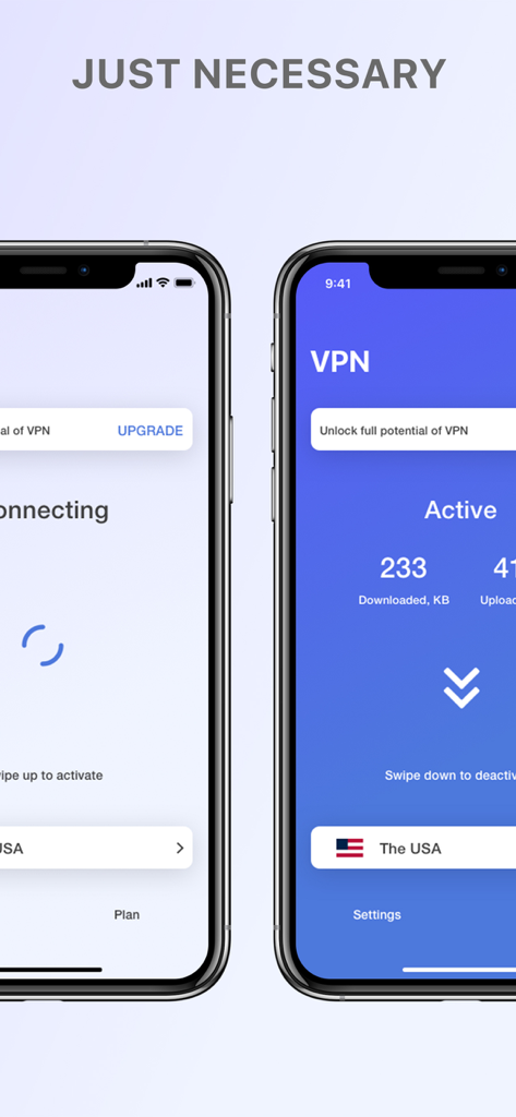 IPsec VPN - Two iPhones showing the IPsec VPN app interface in connecting and active states with a USA server.