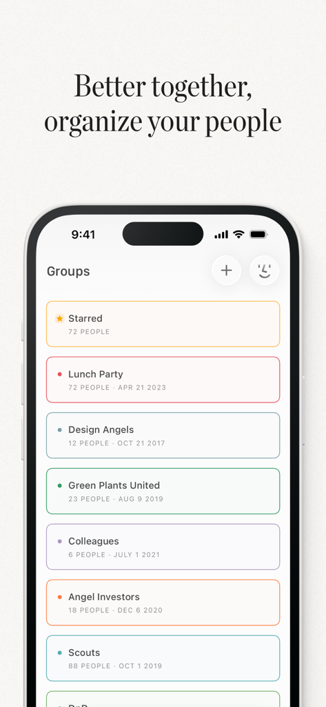Clay app interface showing organized contact groups like colleagues and investors.