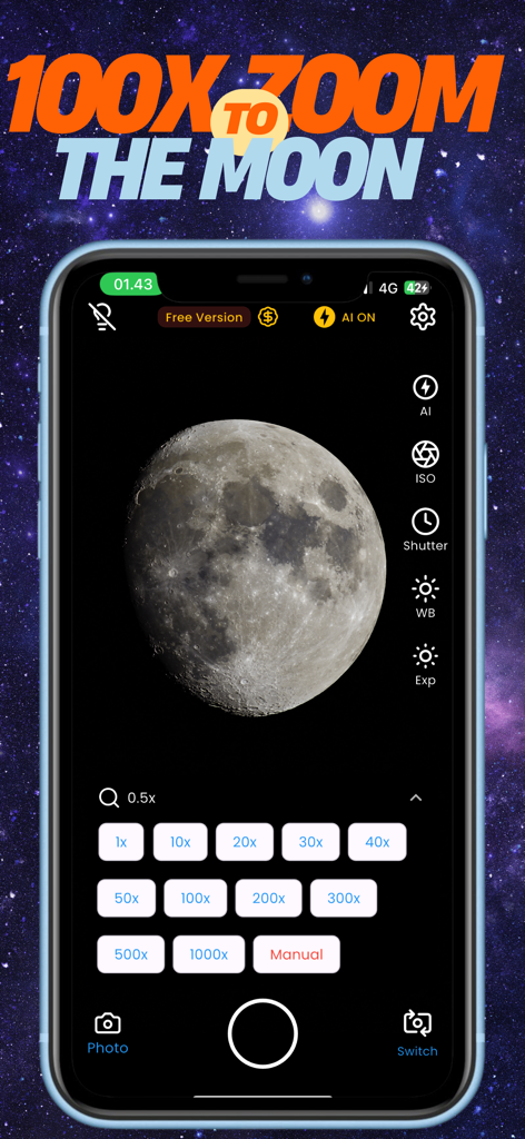 Galaxy Camera Ai : 1000x Zoom - Galaxy Camera AI app interface displaying a 1000x zoom photo of the moon with manual controls