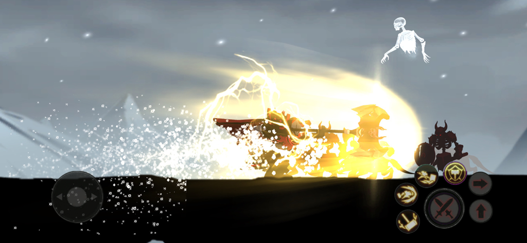A shadow knight performing a powerful golden magical attack against enemies in a dark fantasy setting.