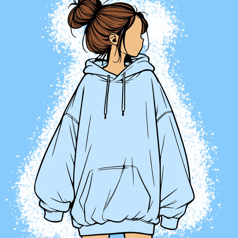 realistic girl with a oversized sweatshirt on and a bun