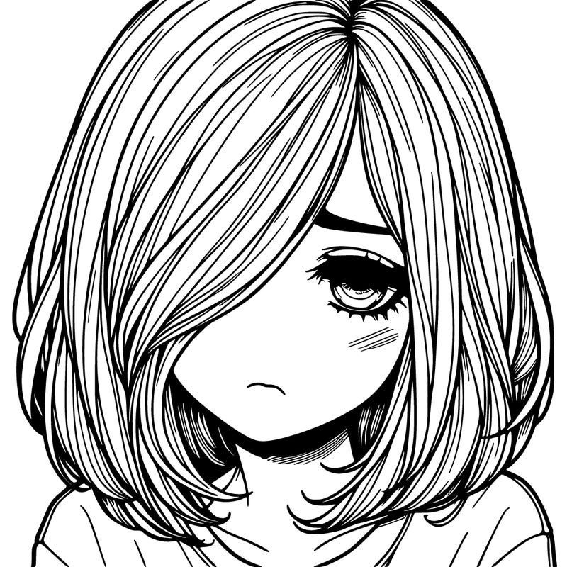 sad hyper realistic girl with shoulder length hair over one eye