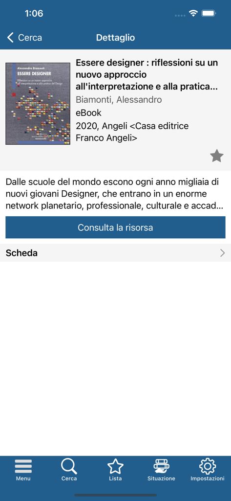 Biblio Teca - Página de detalle de un eBook titulado Essere designer en la aplicación móvil Biblio Teca