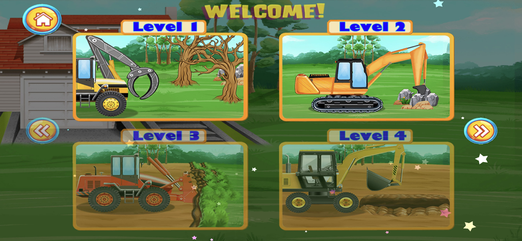 Level selection screen showing construction vehicles like excavators and loaders.