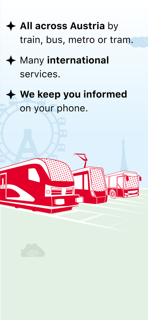 OBB Tickets app screen showing train bus and tram services in Austria and abroad