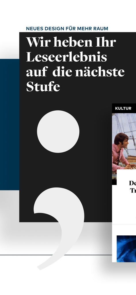 Una pantalla promocional de la aplicación WELT Edition anunciando un nuevo diseño para una experiencia de lectura digital mejorada.