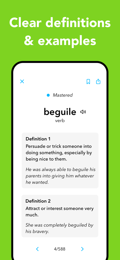 WordPal app interface displaying clear definitions and example sentences for the vocabulary word beguile.