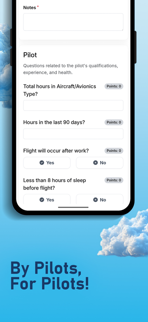 Simple FRAT - Simple FRAT app pilot flight risk assessment questionnaire screen showing safety questions