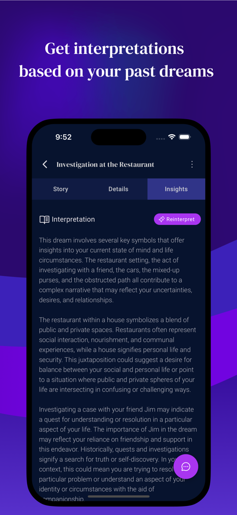 DreamMuse - DreamMuse app screen showing AI generated dream interpretation and psychological insights