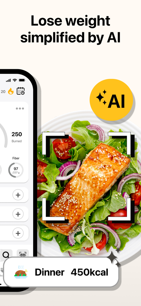 Numi: AI Calorie Counter - Numi AI app interface scanning a salmon salad to track calories