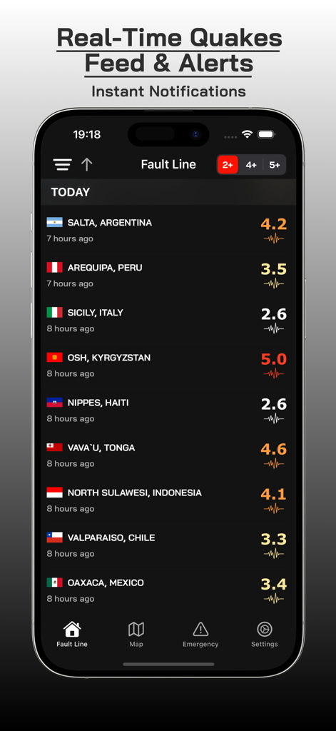 Fault Line - Earthquakes - Screenshot of Fault Line app showing a real-time global earthquake feed with magnitudes and locations.