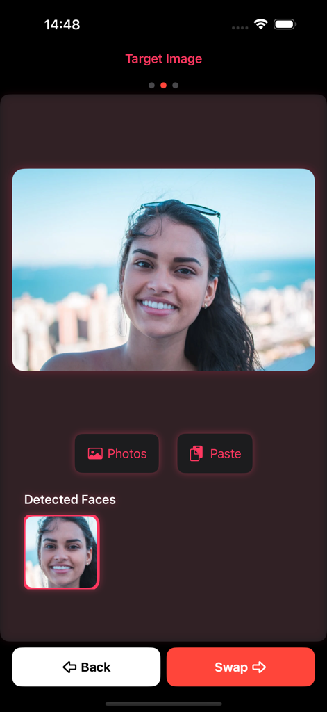 ReFaceX - ReFaceX Mobile App-Oberfläche zur Auswahl eines Zielbilds und zur Erkennung von Gesichtern für den KI-Gesichtstausch