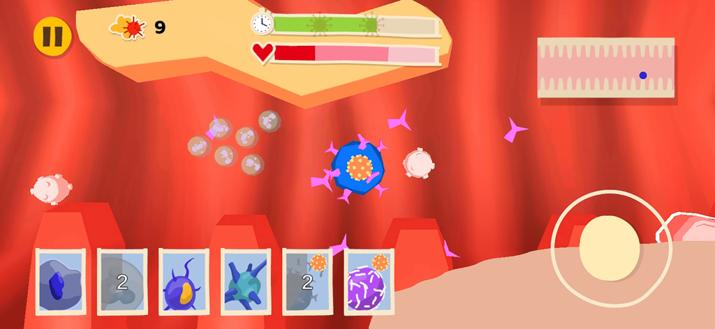 Gameplay of Cells in Action showing immune cells fighting viruses in a blood vessel