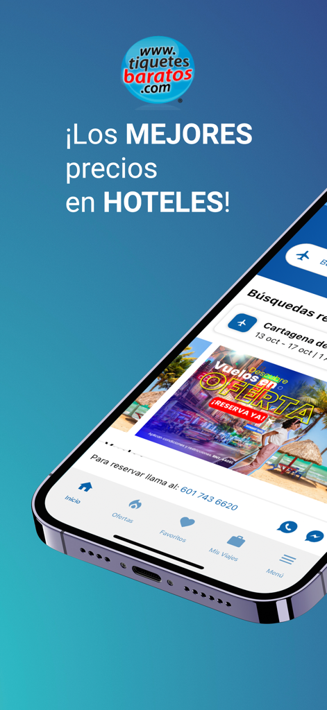 TiquetesBaratos - TiquetesBaratos app interface on a smartphone showing flight and hotel discount offers in Spanish