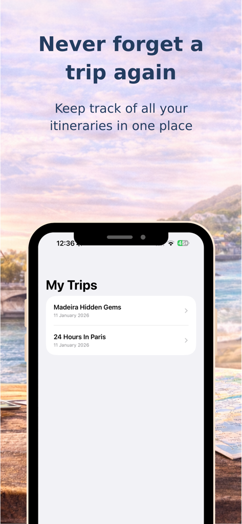Itinify: Travel Planner - Mobile screen of Itinify app showing saved travel itineraries for Madeira and Paris.