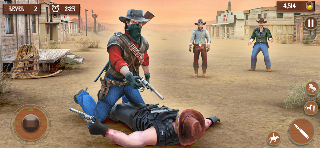 Wild West Cowboy Sniper RPG - Escena de acción de Wild West Cowboy Sniper RPG mostrando un personaje vaquero en un pueblo del oeste.