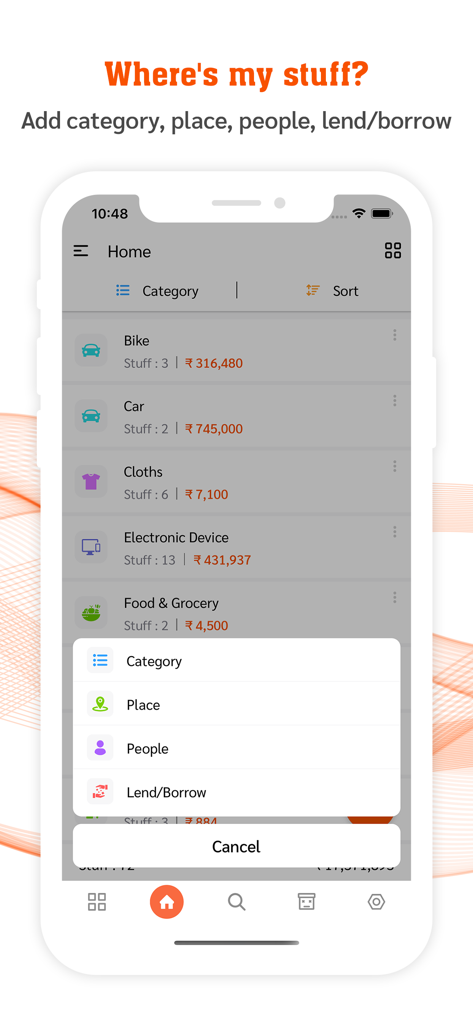 My Stuff Personal Organizer - Mobile app interface for My Stuff Personal Organizer showing item categories and organization options.